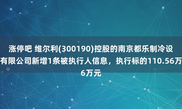涨停吧 维尔利(300190)控股的南京都乐制冷设备有限公司新增1条被执行人信息,执行标的110.56万元