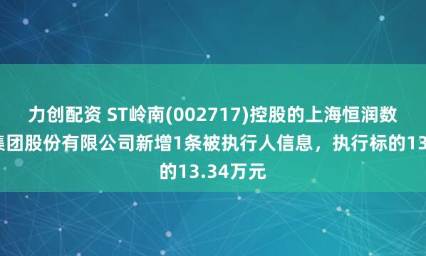 力创配资 ST岭南(002717)控股的上海恒润数字科技集团股份有限公司新增1条被执行人信息,执行标的13.34万元